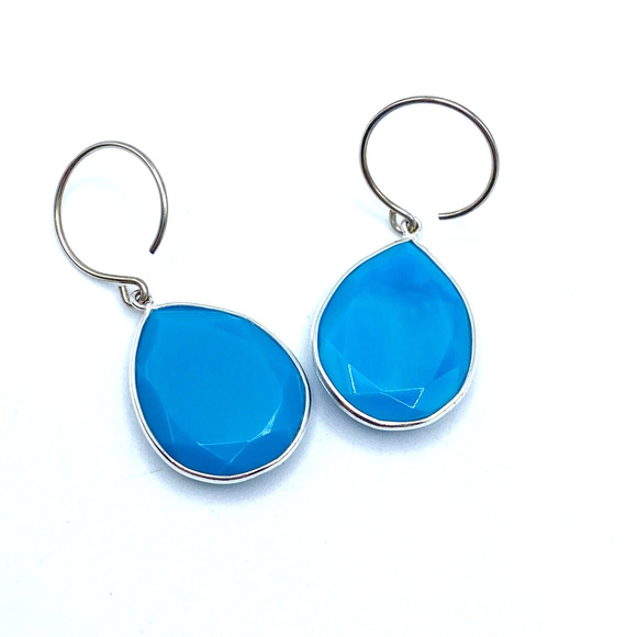 Sterling Silver Blue Faceted Glass Dangle Drop Pierced Earrings Bezel Set 1.5" - Picture 5 of 7